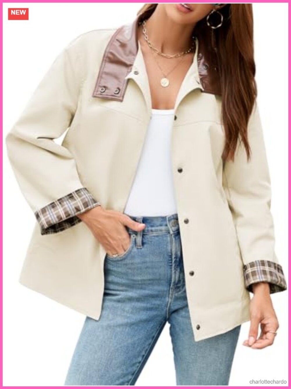 Faux Leather Stand Collar Button Down Cropped Trench Jacket with Plaid Lining
